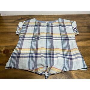 L.L. BEAN Signature 100% Linen Plaid Short Sleeve Tie Front Blouse Size Small
